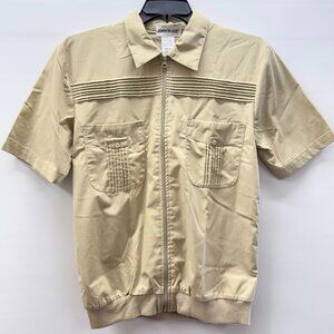 Vintage John Blair Men's Size S Zip-Up Cabana Shirt Collar/Pockets Khaki Beige